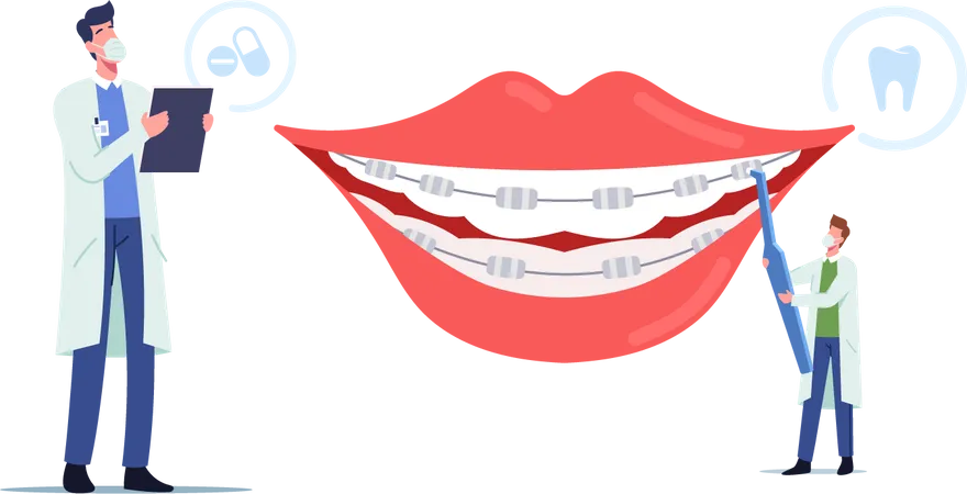 Orthodontist Treatment Brackets Installation For Teeth Alignment Dentistry Concept Tiny Dentist Doctors Characters Install Dental Braces To Huge Patient Teeth Cartoon People Vector Illustration Illustration