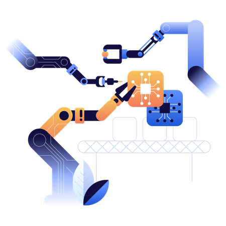 Braços robóticos montando microchips na linha de produção  Ilustração