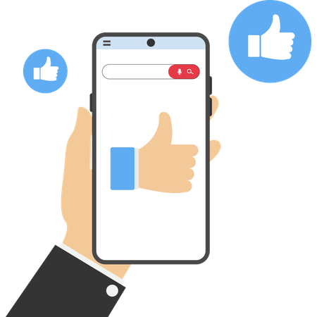 Braços seguram smartphone digitando e dão polegar para cima  Ilustração