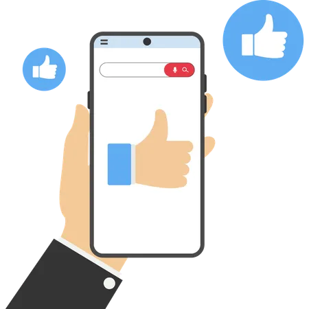 Braços seguram smartphone digitando e dão polegar para cima  Ilustração