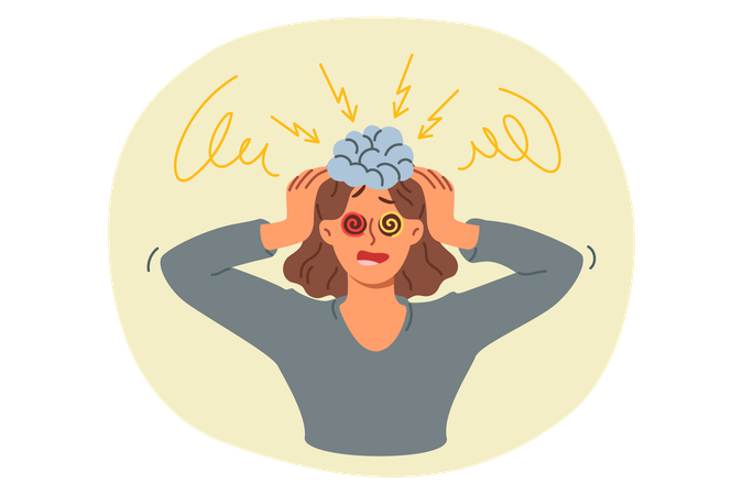 Brain explosion of shocked woman clutching head due to problems with psychological stability  Illustration