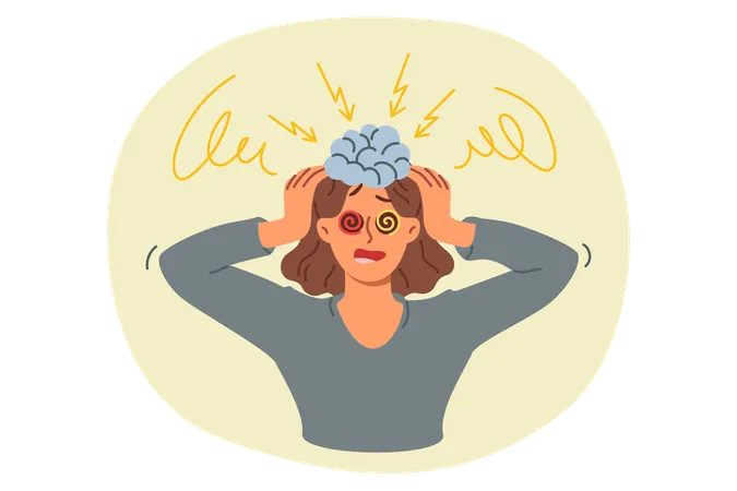 Brain explosion of shocked woman clutching head due to problems with psychological stability  Illustration