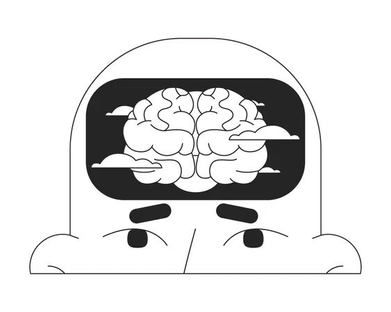 Brain Fog Black And White 2 D Illustration Concept Fatigue Mental Clouds Cartoon Outline Character Head Isolated On White Burnout Syndrome Seasonal Affective Disorder Metaphor Monochrome Vector Art Illustration