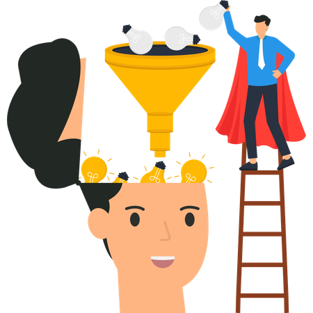 Brain with Light Bulbs Superhero with Ideas Innovation  Illustration