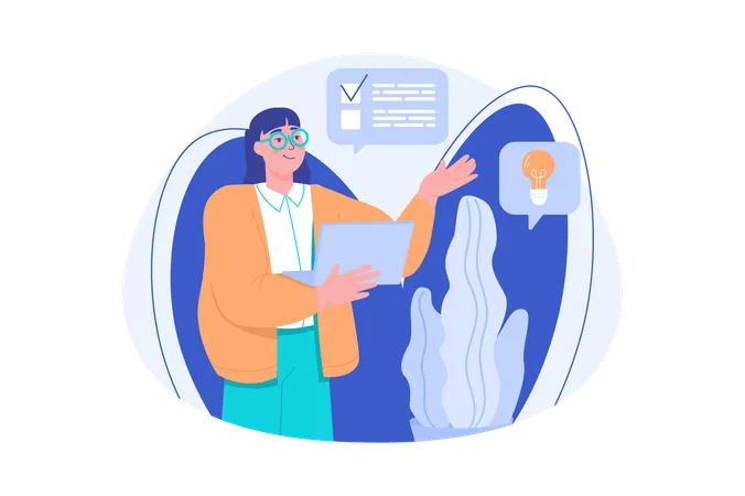 Brainstorm Blue Concept With People Scene In The Flat Cartoon Style Business Woman Realizes Her Ideas About Future Work Vector Illustration Illustration