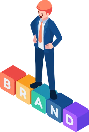Flat 3 D Isometric Businessman Standing On Brand Brand Building And Personal Branding Concept Illustration