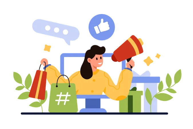 Brand Marketing Campaign In Social Media With Ambassador Beauty Person Or Celebrity Tiny Woman With Megaphone And Bag Of Gift Advertising Product From Computer Screen Cartoon Vector Illustration Illustration