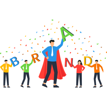 Brand Superhero Team Celebrating Success with Colorful Confetti and Lettering  Illustration