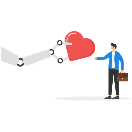 Un bras robotisé met un cœur dans la main d'un humain  Illustration