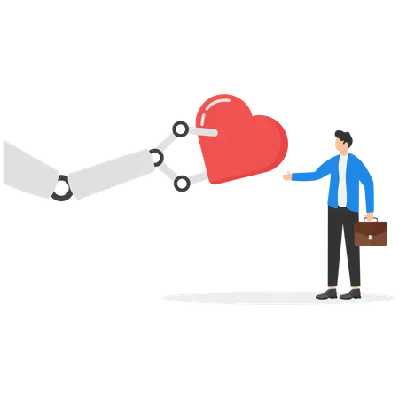 Un bras robotisé met un cœur dans la main d'un humain  Illustration