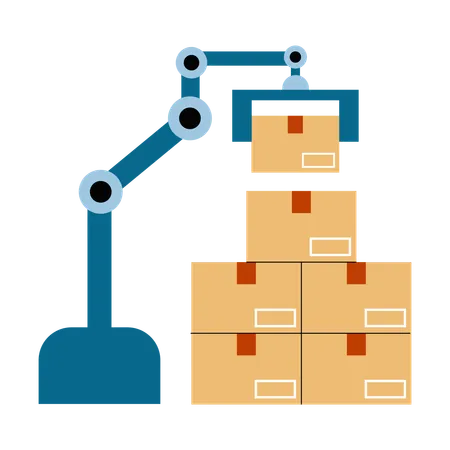 Bras robotisé travaillant dans un entrepôt de livraison  Illustration