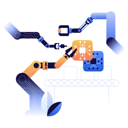 Bras robotisés assemblant des micropuces sur une ligne de production  Illustration