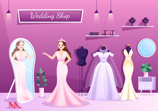 Braut probiert Kleid an und schaut in den Spiegel im Hochzeitsgeschäft  Illustration