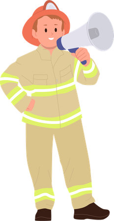 Brave boy firefighter speaking loudly on megaphone  Illustration