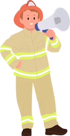 Brave boy firefighter speaking loudly on megaphone  Illustration