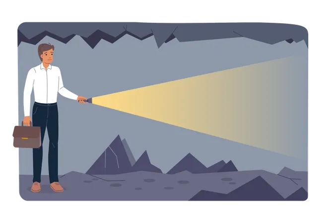 Brave business man finds way in dark using flashlight  Illustration
