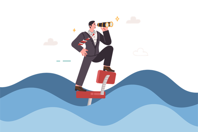 Brave business man floats in office chair on waves and looks to future in search of opportunities  Illustration