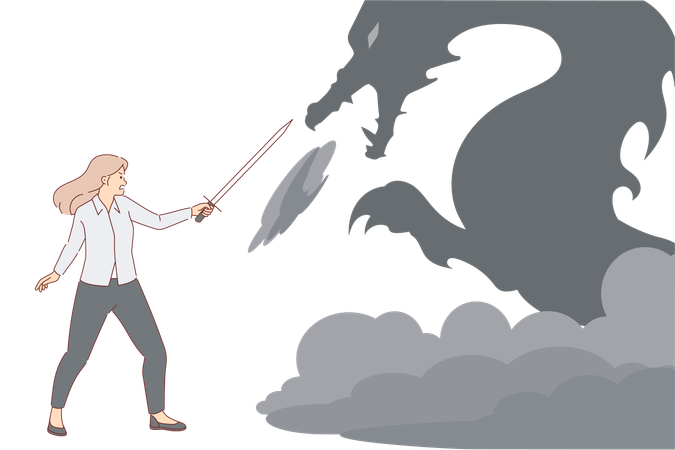 Brave business woman fights with imaginary dragon and holds sword  Illustration