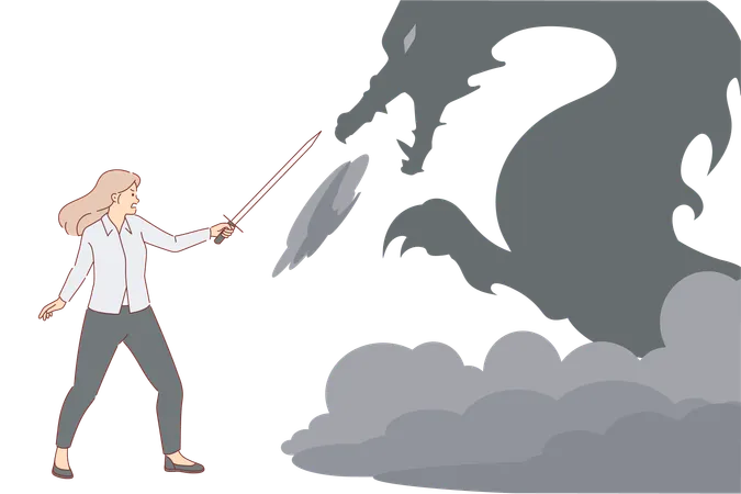 Brave business woman fights with imaginary dragon and holds sword  Illustration