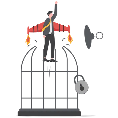 Brave businessman escape from bird cage jump and fly away  Illustration