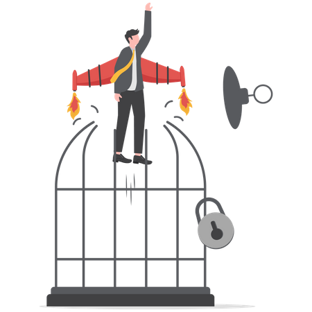 Brave businessman escape from bird cage jump and fly away  Illustration