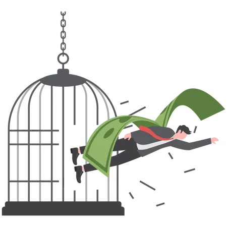 Brave businessman escape from birdcage using his money wings,  Illustration