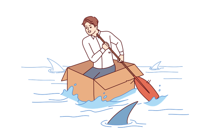 Brave businessman is floating in box  Illustration