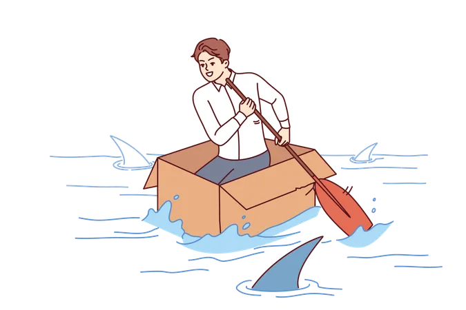 Brave Business Man Shows No Fear Overcoming Crisis And Floating In Box In River With Sharks Ambitious Guy Strives For Success In Business Without Paying Attention To Risks And Dangers Along Way Illustration