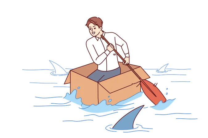 Brave businessman is floating in box  Illustration