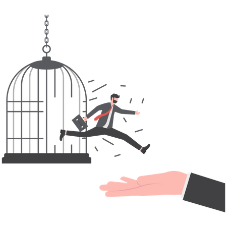 Brave businessman jumped away from the aviary  Illustration