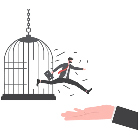 Brave businessman jumped away from the aviary  Illustration