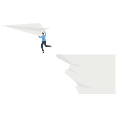 Brave businessman pulling paper airplane across cliff  イラスト