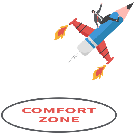 Brave businessman rides pencil rocket out of his comfort zone for new success  Illustration