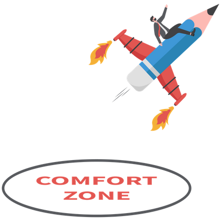 Brave businessman rides pencil rocket out of his comfort zone for new success  Illustration