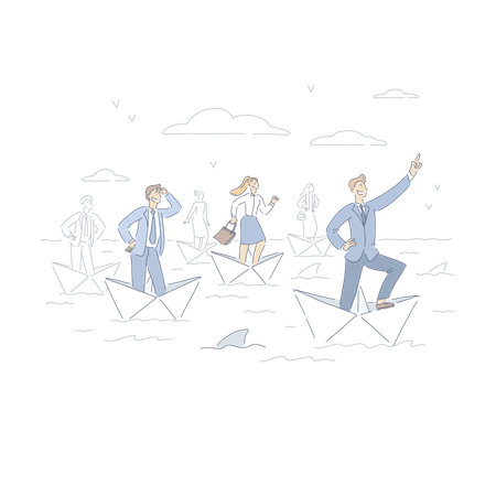 Brave businessman sailing on paper boats,  Illustration