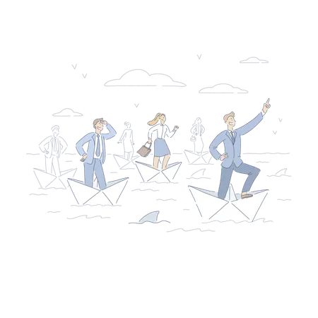 Brave Businessman And Employees Sailing On Paper Boats Business Development Metaphor Leadership Abilities Banner Workers Following Team Leader Concept Cartoon Sketch Flat Vector Illustration Illustration