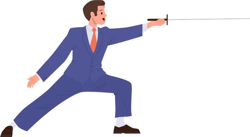 Brave confident businessman character fighting with sword  Illustration