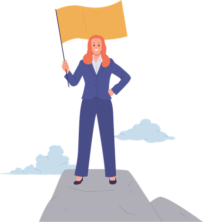 Brave confident businesswoman character in suit standing with flag on top of mountain  Illustration