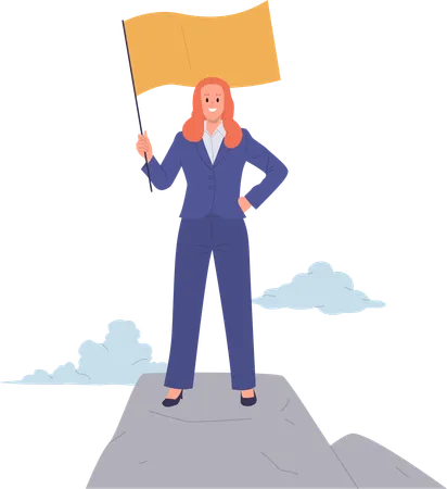 Brave confident businesswoman character in suit standing with flag on top of mountain  Illustration