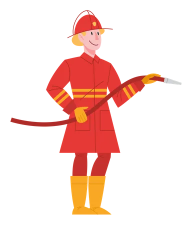 Brave fireman with water hose  Illustration