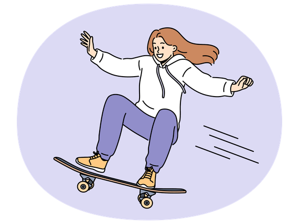 Brave girl skateboarder makes aerial stunt by bouncing on professional ramp in skatepark  Illustration