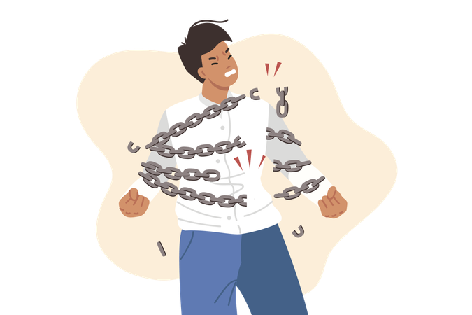 Brave man breaks chains symbolizing NDA contract in business  Illustration