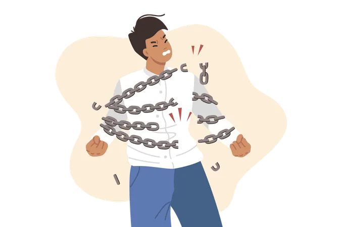 Brave man breaks chains symbolizing NDA contract in business  Illustration