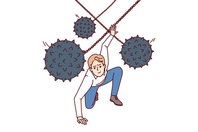 Brave Man Dodges Prickly Balls Suspended From Chain Symbolizing Business Problems And Obstacles To Success Guy Demonstrates Leadership Qualities By Overcoming Problems And Adapting To Situation Illustration