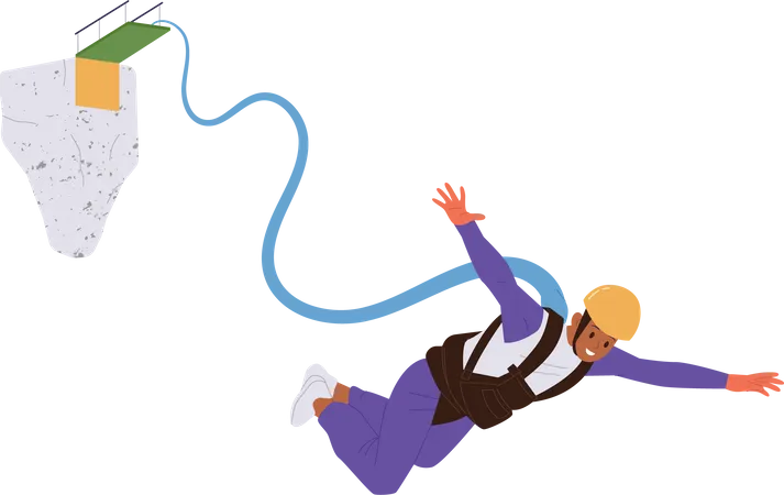 Brave Sportsman Wearing Helmet Enjoying Elastic Rope Or Bungee Jumping High Down Isolated On White Background Extreme Sport Adventure Outdoor Leisure Thrill Adrenaline Activity Vector Illustration Illustration