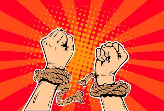 Brazos de libertad rompiendo las cadenas de la esclavitud estilo pop art retro  Ilustración