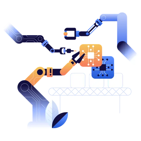 Brazos robóticos ensamblando microchips en la línea de producción  Ilustración