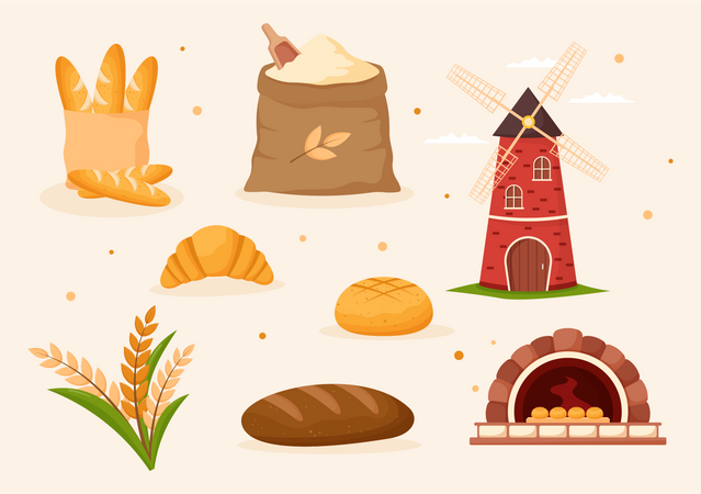 Bread and mill with harvest grain Illustration