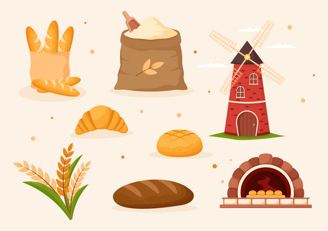 Bread and mill with harvest grain  Illustration