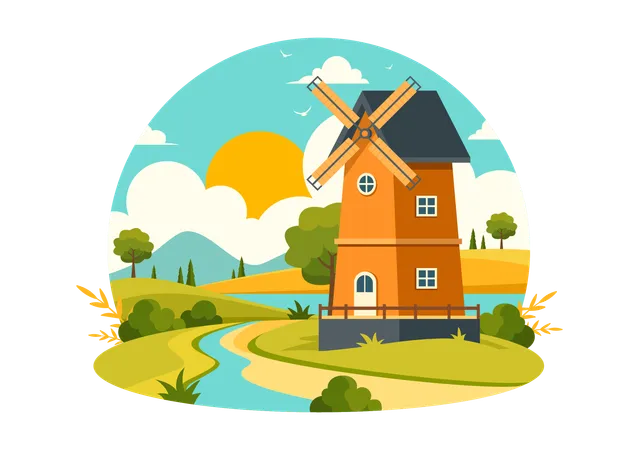 Bread Mill Vector Illustration With Wheat Sacks Various Breads And Windmill For Product Bakery In Flat Cartoon Background Design Illustration